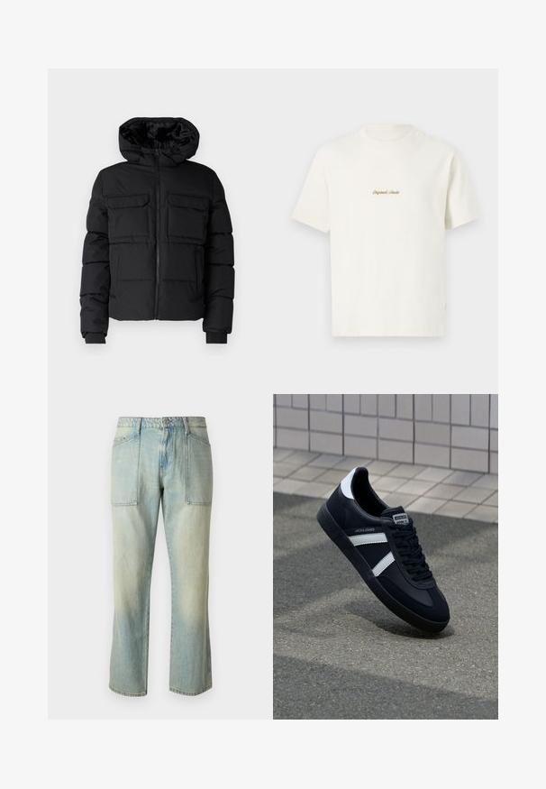 Sort polstret jakke med hætte, der har to brystlommer, en frontlynlås og ribbede ærmer. Glat overflade og letvægtsdesign.; Cremefarvet bomulds T-shirt med korte ærmer, rund hals og broderet "Original Studio" logo i guld på brystet. Blød tekstur.; Lyseblå denim jeans med lige ben, synlig syning og to store forlommer. Stoffet har en falmet struktur.; Sort lædersneaker med hvide striber, tekstureret gummisål og snørrebånd foran. Har et brandet mærke på tungen.