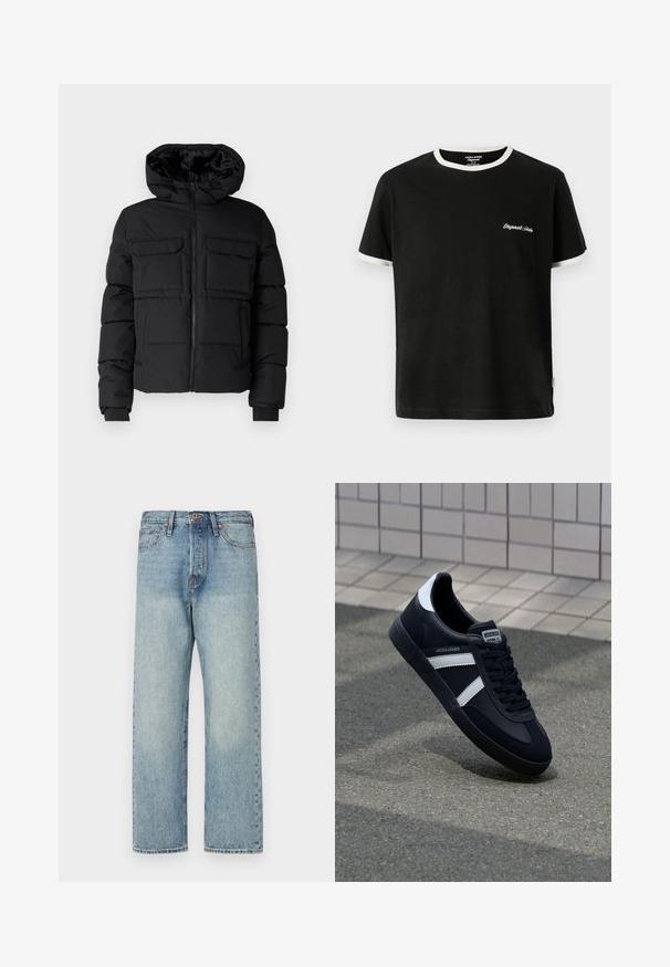 Sort polstret jakke med hætte, der har to brystlommer, en frontlynlås og ribbede ærmer. Glat overflade og letvægtsdesign.; Jack & Jones T- - T-shirts basic - black; Lysblå denimjeans med lige ben-design, fem lommer og bronze hardware. Minimal falming med en ren finish.; Sort lædersneaker med hvide striber, tekstureret gummisål og snørrebånd foran. Har et brandet mærke på tungen.