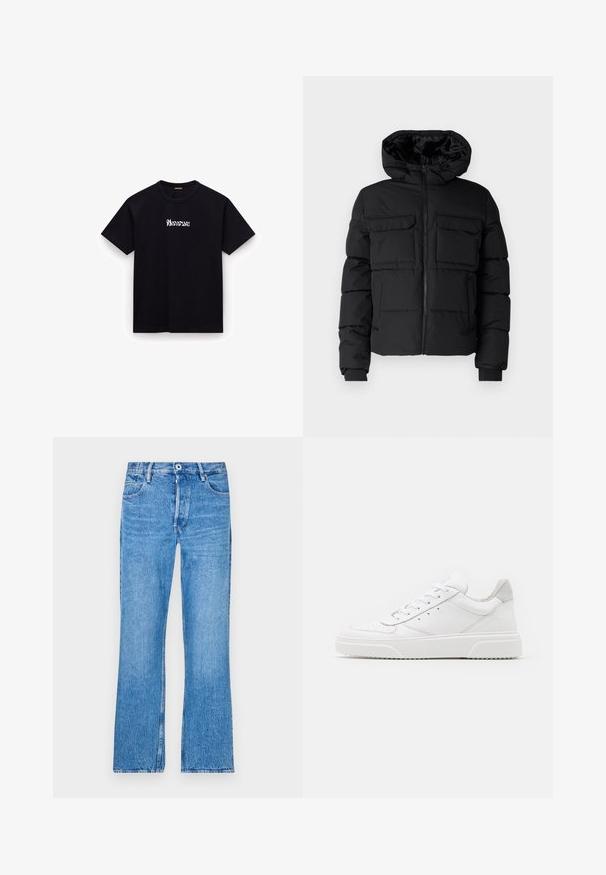 Schwarze gepolsterte Jacke mit Kapuze, zwei Brusttaschen, einem Frontreißverschluss und Rippbündchen. Glatte Textur und leichtes Design.; Schwarzes Baumwoll-T-Shirt mit Rundhalsausschnitt, kurzen Ärmeln und einem stilisierten weißen Textlogo auf der Brust. Glatte Textur, lässige Passform.; Blaue, gerade geschnittene Jeans aus Denim mit einem verfärbten Waschlook. Mit Knopfverschluss, Gürtelschlaufen und dem klassischen Fünf-Taschen-Design.; Weiße Leder-Sneaker mit glatter Oberfläche, rundem Zehenbereich, flachen Schnürsenkeln und strukturiertem Schuhsohlen. Graues Wildleder-Detail an der Ferse.