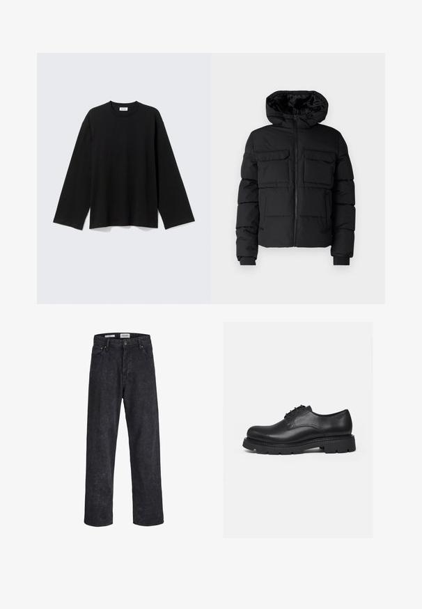 Chaqueta acolchada negra con capucha, que cuenta con dos bolsillos en el pecho, un cierre frontal con cremallera y puños de canalé. Textura suave y diseño ligero.; Camiseta negra de manga larga con cuello redondo, ajuste relajado, dobladillo recto y sin patrones ni logotipos visibles sobre un fondo claro.; Vaqueros de mezclilla negra con corte recto, que cuentan con un cierre clásico de botón y cremallera, bolsillos frontales y un sutil acabado texturizado.; Zapato negro de cuero con cordones, suela gruesa con tacos, puntera redondeada y detalles cosidos, mostrado de perfil sobre un fondo liso.