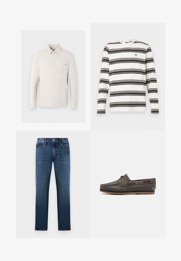 Lichtbeige casual jack met knopen, met een subtiel horizontaal streeppatroon, lange mouwen, een kraag en voorzakken.; Witte langekleurige shirt met zwarte horizontale strepen en klein Barbour-logo op de borst, ronde halslijn, losse pasvorm.; Donkerblauwe rechte spijkerbroek met knoop- en ritssluiting aan de voorkant, voor- en achterzakken, weergegeven op een witte achtergrond.; Donkerbruin leren bootschoen met een low profile, voorzien van messing oogjes en contrasterende stiksels, platte rubberen zool en een textuurfinish.