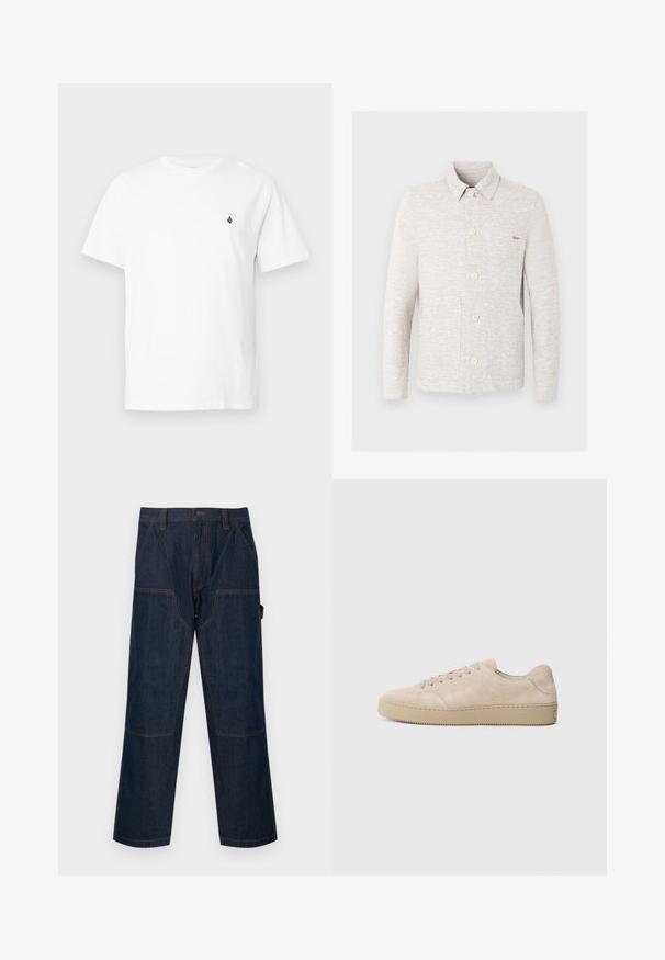 Veste décontractée boutonnée beige clair avec un motif discret à rayures horizontales, manches longues, col et poches avant.; T-shirt en coton blanc avec col en V, manches courtes, arborant un petit logo noir sur la poitrine. Texture lisse, coupe décontractée.; Pantalon de travail en denim bleu foncé avec jambes droites, genoux renforcés, poches latérales, passants de ceinture et fermeture avant par boutons.; Baskets en daim beige avec un bout rond, des lacets plats et une semelle en caoutchouc texturé. Design minimaliste avec des bords lisses et des coutures discrètes.