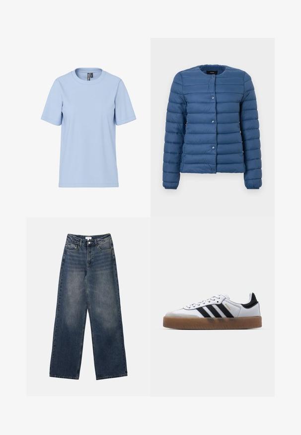 Gevoerde jas in marineblauw, met een ronde halslijn, drukknoopsluiting en een horizontaal gestikt patroon over de stof.; Lichtblauw T-shirt met korte mouwen, gemaakt van zachte stof, met een klassieke ronde halslijn en zonder zichtbare patronen of hardware.; Heren hoge taille blauwe spijkerbroek met wijde pijpen, vooraan knoop en rits, en voor- en achterzakken.; Witte leren sneakers met zwarte strepen, gumrubberen buitenzool, ronde neus, vetersluiting en een zachte grijze suède neuskap.