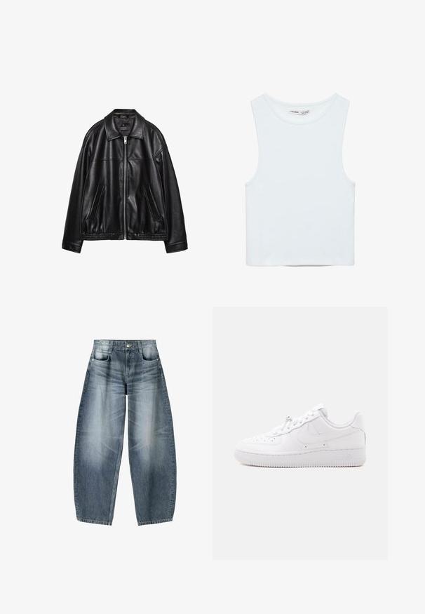 Veste en cuir noir avec un col, une fermeture éclair à l'avant et deux poches latérales. Présente une texture lisse et un ourlet froncé à la taille.; Crop top blanc sans manches avec col rond, en tissu lisse, étiqueté Pull&Bear, adapté pour un usage décontracté.; Jean large en denim bleu clair avec décoloration, présentant un design à cinq poches, un bouton de fermeture et des détails de couture minimaux.; Basket basse blanche avec embout perforé, fermeture à lacets, semelle texturée et un logo Swoosh discret sur le côté.