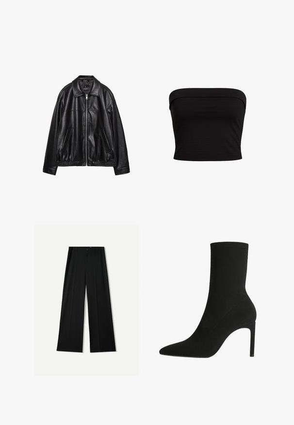 Sort læderjakke med krave, frontlynlås og to sidelommer. Har en glat tekstur og et samlet kant ved taljen.; Sort strapless top med et tætsiddende design, lavet af blødt stof med en glat overflade og rene kanter. Ingen yderligere mønstre eller accenter.; Bershka WIDE - Bukser - black; Sort ankelstøvle fremstillet af blødt suede, med spids tå og høj stilettohæl. Minimalistisk design uden synligt hardware eller mønstre.