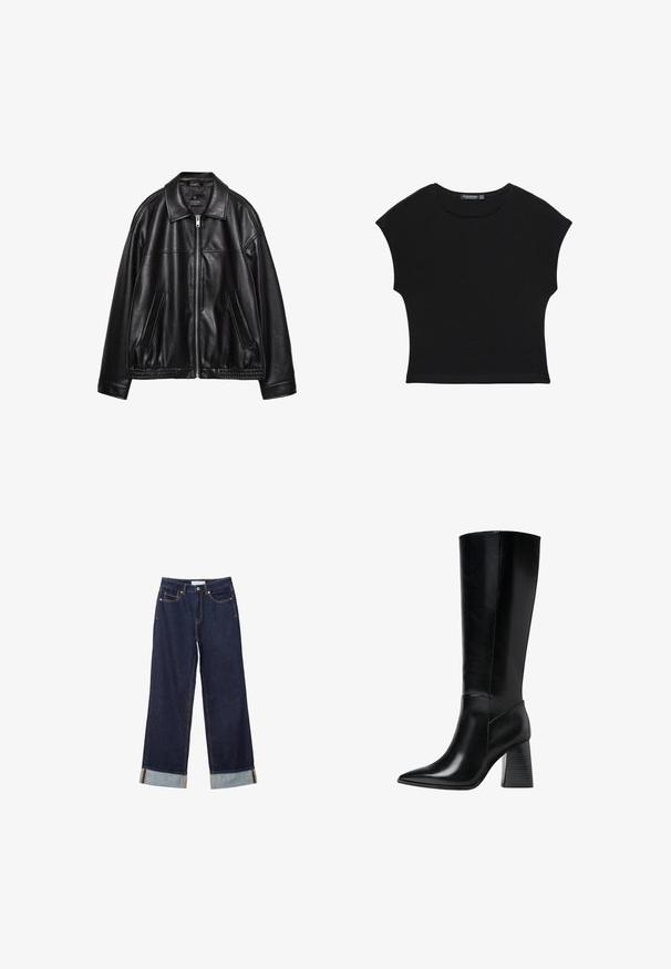 Zwarte leren jas met een kraag, een ritssluiting aan de voorkant en twee zijzakken. Heeft een gladde textuur en een bijeen geraapte zoom op de taille.; Zwart crop top met korte mouwen, ronde hals en licht taps toelopende taille, gemaakt van zachte, lichte stof.; Donkerblauwe jeans met brede pijpen, omgeslagen boorden, voorzakken en zichtbare stiksels, plat gelegd op een witte achtergrond.; Zwarte leren laarzen tot de knie met een spitse neus, een gladde textuur en een chunky gegroefde hak voor stabiliteit. Strak ontwerp met minimale accenten.