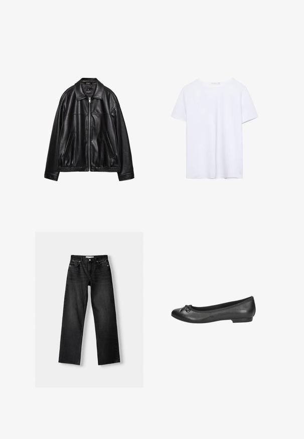Veste en cuir noir avec un col, une fermeture éclair à l'avant et deux poches latérales. Présente une texture lisse et un ourlet froncé à la taille.; T-shirt blanc uni à manches courtes et col rond avec ourlet droit, présenté sur un fond blanc.; Bershka Jean droit - mottled dark grey; Marco Tozzi Ballerines - zwart