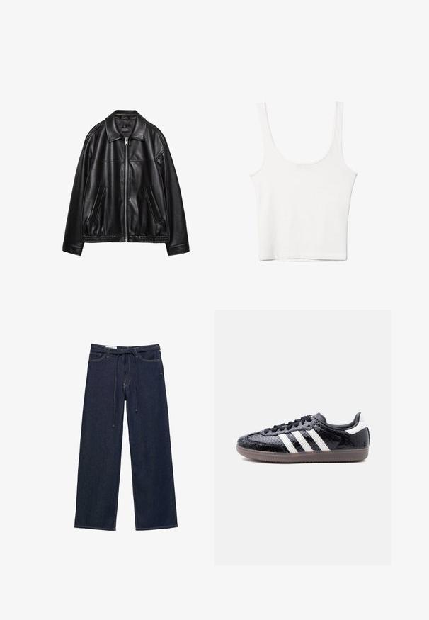 Veste en cuir noir avec un col, une fermeture éclair à l'avant et deux poches latérales. Présente une texture lisse et un ourlet froncé à la taille.; Débardeur en coton blanc avec un décolleté arrondi, sans manches et ajusté. Texture lisse, design uni et détails de couture minimaux.; Pantalon en denim bleu foncé à jambes larges avec poches devant et ceinture à cordon noir fin à la taille.; Baskets noires profilées avec motif en relief imitation peau de serpent, bandes blanches sur le côté, lacets noirs et semelle translucide marron.