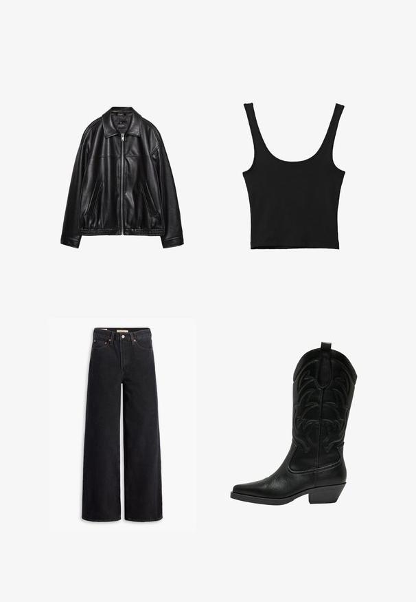 Sort læderjakke med krave, frontlynlås og to sidelommer. Har en glat tekstur og et samlet kant ved taljen.; Sort cropped tank top med brede skulderstropper, lavet i blødt materiale, med en glat tekstur og et minimalistisk design.; Sorte brede benjeans lavet af denim, med fem lommer, kobbernitter og en klassisk knaplukning. Glat tekstur med et rent design.; Sort læder cowboy støvle med spids tå, stablet hæl og dekorativ syning på skaftet. Glat overflade med mat finish.