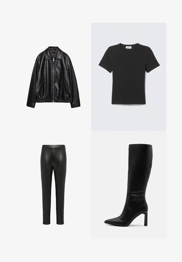 Schwarze Lederjacke mit einem Kragen, Frontreißverschluss und zwei seitlichen Taschen. Sie hat eine glatte Textur und einen gerafften Saum an der Taille.; Schwarzes kurzärmeliges T-Shirt mit Rundhalsausschnitt, flach liegend mit kleinem weißem Etikett innen im Kragen vor hellem Hintergrund.; Schwarze Lederleggings mit einer taillierten Passform, glatter Textur und hoher Taille. Die Beine verjüngen sich bis zur Knöchellänge, ohne sichtbare Hardware.; Even&Odd by Zalando Stiefel - black
