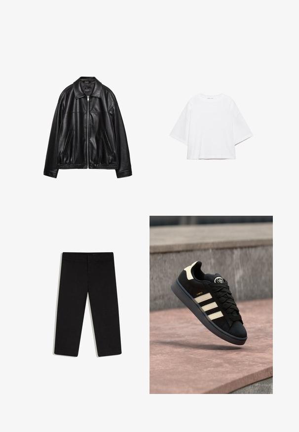Veste en cuir noir avec un col, une fermeture éclair à l'avant et deux poches latérales. Présente une texture lisse et un ourlet froncé à la taille.; T-shirt blanc à manches courtes, coupe carrée, en coton doux. Présente un col rond et des manches larges, avec un design épuré et simple.; Pantalon noir court à jambes droites, taille plate avec ceinture, sans poches visibles, présenté sur fond blanc.; Baskets en daim noir avec trois bandes beiges, logo rond sur la languette, lacets plats et semelle rembourrée, étiquetées "CAMPUS."