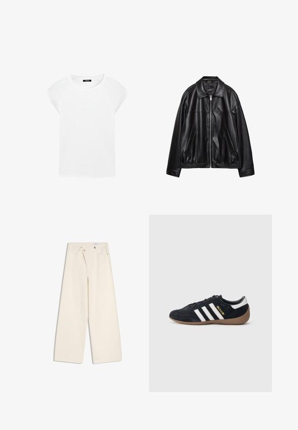 Veste en cuir noir avec un col, une fermeture éclair à l'avant et deux poches latérales. Présente une texture lisse et un ourlet froncé à la taille.; T-shirt blanc uni à manches courtes avec un col rond et des manches raglan, présenté sur un fond blanc.; Pantalon large couleur écru avec poches avant, passants pour ceinture, et boutons argentés sur la ceinture et les bords des poches.; Baskets en daim noir avec trois bandes blanches, semelle en caoutchouc beige, et un petit logo doré sur le côté. Dotées d'une doublure intérieure noire lisse.