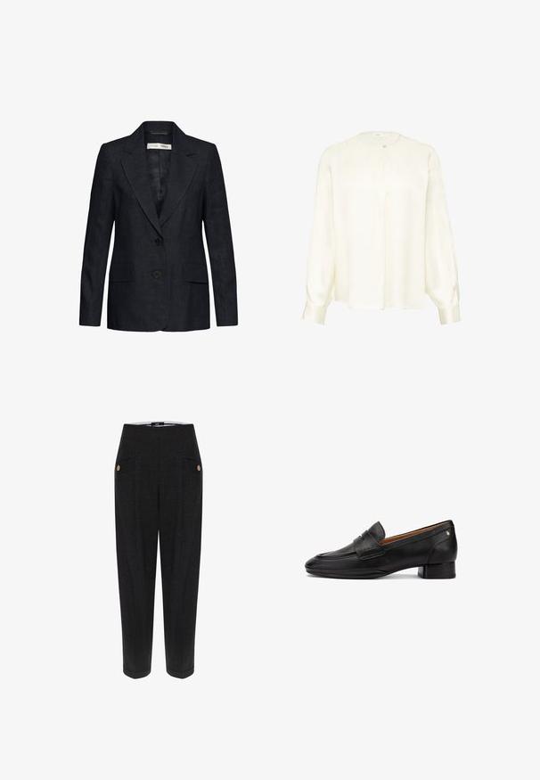 Blazer negro entallado con solapas de muesca, dos bolsillos delanteros con solapa y cierre de dos botones, confeccionado en tela texturizada.; Blusa de manga larga color crema con cuello redondo y cierre de botón único en la parte superior delantera, corte holgado y mangas con puños.; Pantalones negros a medida con un tejido texturizado, que presentan bolsillos frontales, acentos de botones en tono dorado y una silueta ajustada.; Mocasín negro de cuero tipo slip-on con tacón bajo y correa decorativa en la parte superior, visto desde el interior sobre un fondo blanco.