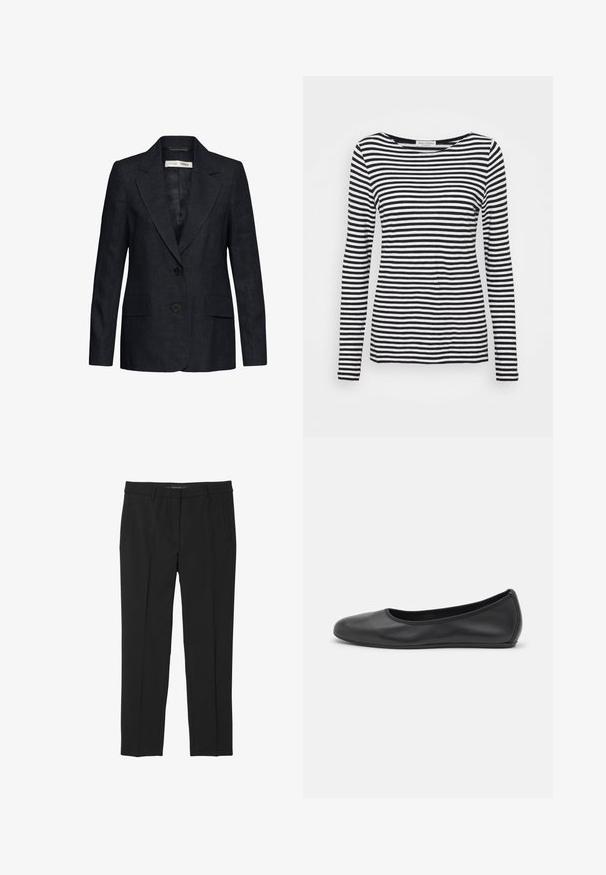 Zwarte op maat gemaakte blazer met ingesneden revers, twee klepzakken aan de voorkant en een sluiting met twee knopen, gemaakt van gestructureerde stof.; Langemouwen, ronde hals T-shirt met een zwart-wit gestreept patroon. Gemaakt van zachte stof met een reguliere pasvorm. Schoon, minimalistisch ontwerp.; Zwarte broek van gladde stof, met een rechte pijp, voorzakken en een platte tailleband zonder zichtbare sluitingen.; Zwarte leren ballerina met een ronde neus, gladde textuur, minimale stikdetails en een flexibele zoolontwerp.
