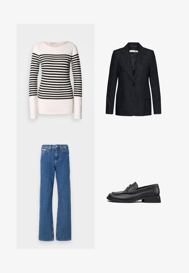Blazer negro entallado con solapas de muesca, dos bolsillos delanteros con solapa y cierre de dos botones, confeccionado en tela texturizada.; Camiseta de manga larga a rayas con rayas horizontales en blanco y negro, diseño de cuello barco y silueta ajustada. Material de mezcla de algodón.; Vaqueros de mezclilla azul con un diseño de pierna recta, con una cintura de altura media, bolsillos delanteros y un sutil detalle desgastado.; Mocasín de cuero negro con tacón bajo en bloque, punta redondeada y detalles cosidos en la parte superior. Textura suave, diseño minimalista.