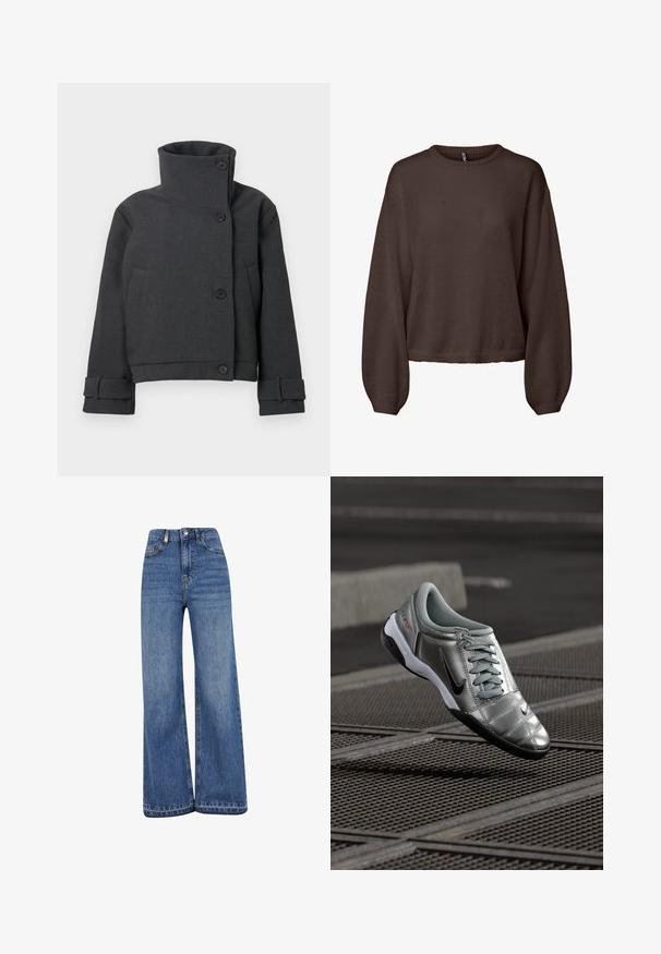 Mørkegrå cropped jakke med høj krave, asymmetrisk knaplukning, sidelommer og manchetstropper på lange ærmer.; Brun langærmet striktrøje med ribbet rund halsudskæring, løs pasform og let afkortet kant, vist på hvid baggrund.; Bredde ben blå jeans lavet af denim, med høj talje, klassisk fem-lomme styling og en lige kant med minimal falming.; Sølv Nike sko med en glat finish, der har et snørebåndsdesign og en sort ydersål. Tekstureret overdel med subtile accenter og logo.