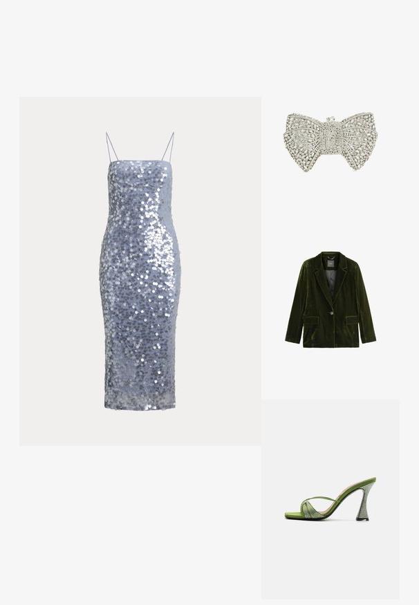 Blazer en velours vert foncé avec un col cranté, fermeture à un bouton, et deux poches avant. Texture douce et forme structurée.; Robe midi argentée à sequins avec fines bretelles spaghetti et encolure droite, conçue pour une silhouette cintrée.; Sandale ouverte en satin vert avec des sangles croisées, ornée de strass. Elle présente un talon haut et architectural avec une finition texturée.; Pochette en forme de nœud en ton argent, ornée de strass transparents et d'un fermoir en cristal sur le dessus.