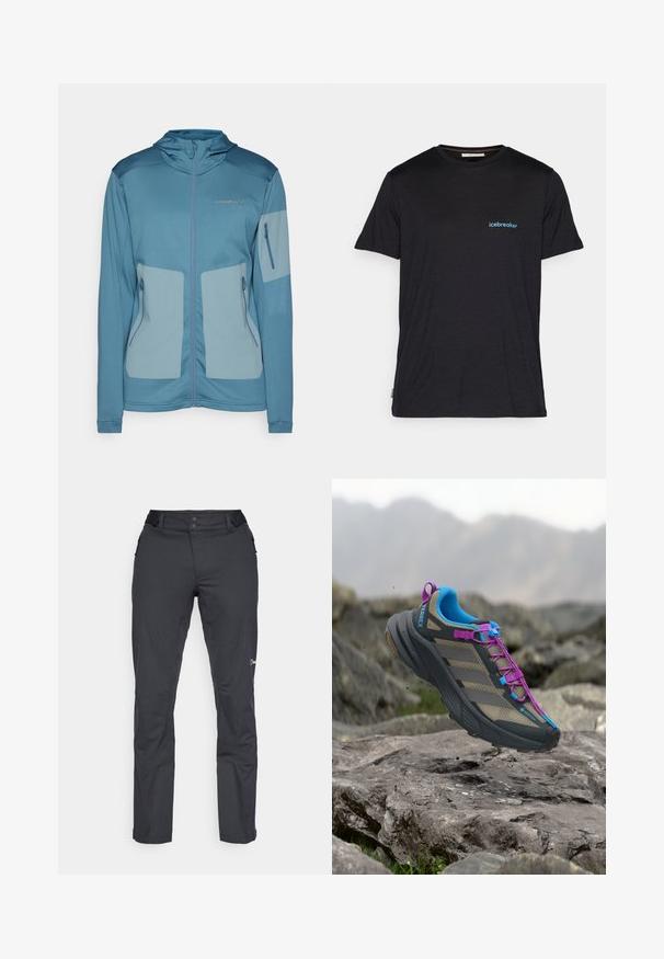 Blå jakke med hætte, lavet af letvægtsstof, med lynlås-lommer, kontrasterende paneler og præget logo på brystet.; Sort kortærmet t-shirt lavet af blødt stof, med et lille blåt "icebreaker" logo på venstre brystområde. Regular fit design.; Berghaus RIDGE ROAMER - Outdoorbukser - black; Trail løbesko med grå, blå og lilla detaljer over stenet terræn og sløret bjergbaggrund.