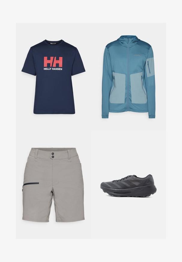 Chaqueta azul con capucha, con un tejido ligero, bolsillos con cremallera, paneles en contraste y logo en relieve en el pecho.; Camiseta de algodón de color azul marino con mangas cortas, que presenta un destacado logo en rojo y blanco con las letras "HH" y el texto "HELLY HANSEN" debajo del logo.; Pantalones cortos grises con una textura suave, que cuentan con un bolsillo lateral con cremallera, dos cierres de botón y un corte clásico. Diseñados para la comodidad y la utilidad.; Zapatilla de running negra con parte superior de malla, superposiciones texturizadas y suela gruesa de goma. Cuenta con seis ojales y un diseño con patrón.