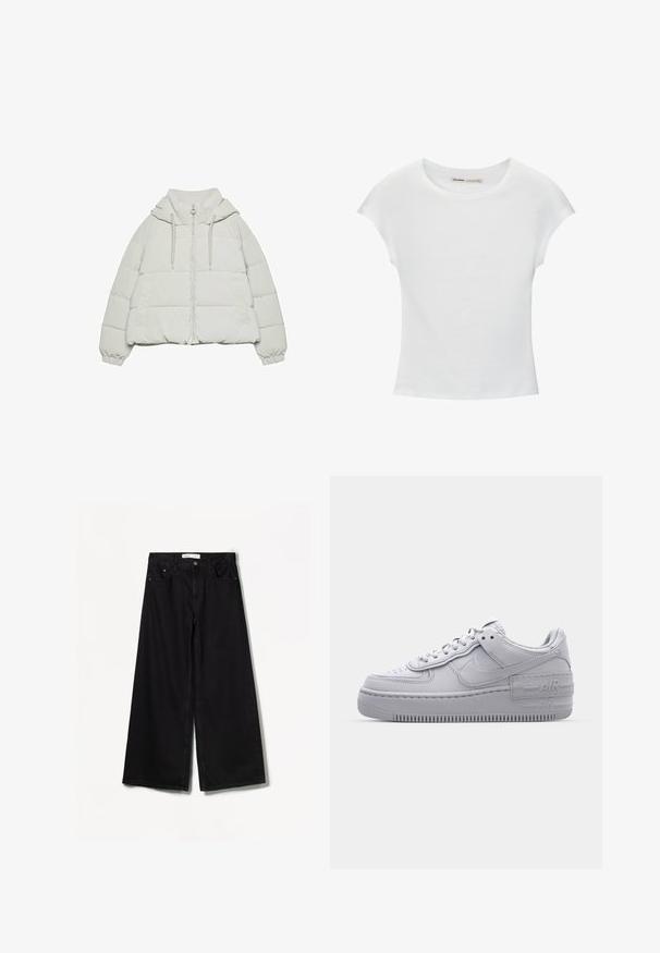 Weiße Steppjacke mit Kordelzugkapuze, Frontreißverschluss und elastischen Bündchen. Verfügt über eine kastige Form und zwei Seitentaschen. Glatte Textur.; Weißes Baumwoll-T-Shirt mit kurzen, aufgerollten Ärmeln, rundem Ausschnitt und geradem Saum. Glatte Textur ohne sichtbare Muster oder Akzente.; Schwarze weit geschnittene Jeans aus Denim. Mit hoher Taille, Vorder- und Gesäßtaschen sowie silberfarbener Hardware an der Knopf- und Reißverschlussöffnung.; Graue Nike Air Force 1 Sneaker mit perforierter Zehenpartie, Obermaterial aus glattem Leder, dicker Sohle und geprägtem 'AIR'-Detail an der Ferse.