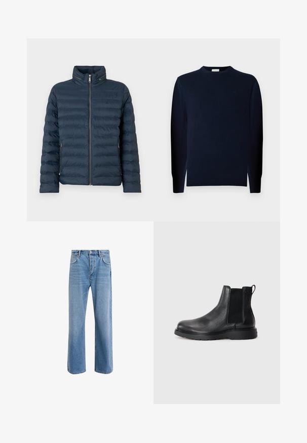 Marineblaue gesteppte Steppjacke mit Frontreißverschluss, hohem Kragen, seitlichen Reißverschlusstaschen und dezentem "ck"-Logo auf der Brust.; Junger Mann mit lockigem Haar, der einen dunklen Pullover mit langen Ärmeln und dunkle Hosen trägt, steht vor einem einfarbigen grauen Hintergrund.; Helle blaue Jeans im Geradeschnitt-Design, mit fünf Taschen, Knopfverschluss, minimaler Ausbleichung und kontrastierenden Nähdetails.; Schwarze Leder-Chelsea-Boots mit strukturiertem Finish, elastischen seitlichen Einsätzen und einer robusten Gummisohle. Dezentes Branding an der Ferse.
