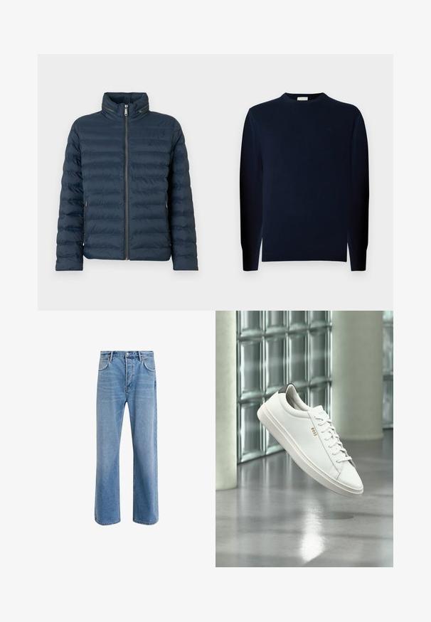 Marineblaue gesteppte Steppjacke mit Frontreißverschluss, hohem Kragen, seitlichen Reißverschlusstaschen und dezentem "ck"-Logo auf der Brust.; Junger Mann mit lockigem Haar, der einen dunklen Pullover mit langen Ärmeln und dunkle Hosen trägt, steht vor einem einfarbigen grauen Hintergrund.; Helle blaue Jeans im Geradeschnitt-Design, mit fünf Taschen, Knopfverschluss, minimaler Ausbleichung und kontrastierenden Nähdetails.; Weißer Leder-Low-Top-Sneaker mit Schnürsenkeln, schwarzer Fersenschlaufe und „BOSS“-Logo, der drinnen nahe einer Glassteinwand und einem polierten Boden schwebt.