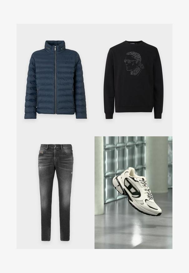 Marineblauwe doorgestikte pufferjas met ritssluiting aan de voorkant, hoge kraag, met rits afsluitbare zijzakken en een subtiel "ck" logo op de borst.; Zwarte sweatshirt met ronde hals en lange mouwen. Heeft een geometrisch zwart en grijs portretontwerp op de voorkant.; Grijze denim jeans met een slim fit, voorzien van lichte slijtage, verwerkte details en een traditionele knoopsluiting.; Witte en zwarte sportsneaker met mesh-details en patroonveters, zwevend in een moderne binnenruimte met glasblokken.