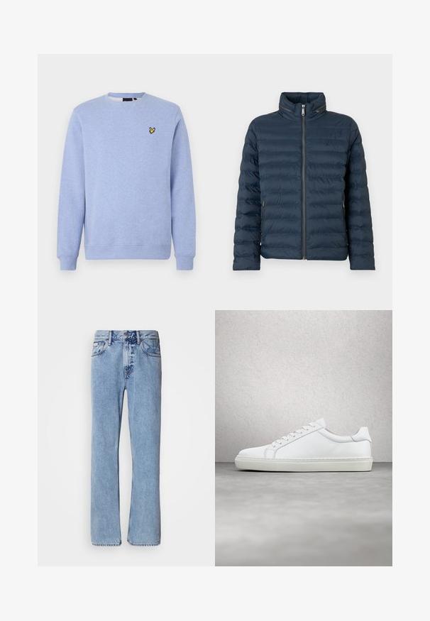 Chaqueta acolchada azul marino con cremallera frontal, cuello alto, bolsillos laterales con cremallera y un sutil logo "ck" en el pecho.; Sudadera azul claro con cuello redondo, puños y bajo acanalados, con un pequeño logo amarillo de un pájaro en el pecho izquierdo.; Jeans de mezclilla azul claro con un diseño de pierna recta, cinco bolsillos y cierre de botón. Detalles de costura cerca de los bolsillos y la cintura.; Zapatilla blanca con parte superior de cuero liso y perfil bajo. Presenta una puntera redondeada, seis ojales y una suela de goma texturizada.
