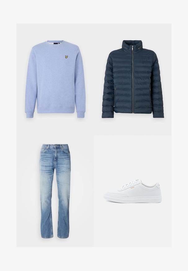 Marineblaue gesteppte Steppjacke mit Frontreißverschluss, hohem Kragen, seitlichen Reißverschlusstaschen und dezentem "ck"-Logo auf der Brust.; Hellblaues Sweatshirt mit Rundhalsausschnitt, gerippten Bündchen und Saum, mit kleinem gelben Vogel-Logo auf der linken Brust.; Hellblaue Jeans aus Denim mit geradem Bein, verblasstem Finish, fünf Taschen und Knopfverschluss. Klassisches Design und mittlere Dicke.; Weiße Leder-Sneaker mit glatter Textur, runder Zehenpartie und tonal abgestepptem Design. Mit blauen Schnürsenkeln und einem goldenen Logo an der Seite.