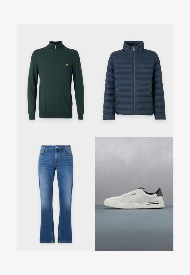 Veste matelassée bleu marine avec fermeture éclair frontale, col montant, poches latérales zippées et un discret logo "ck" sur la poitrine.; Pull en tricot vert foncé avec un col haut et une fermeture éclair quart. Logo jaune petit sur la poitrine gauche. Manches longues et poignets côtelés.; Jeans en denim évasés de couleur bleu moyen. Comprend un design à cinq poches, des accents brodés, une fermeture à bouton et une texture légèrement décolorée sur les jambes.; Sneaker basse blanche avec talon noir, fermeture à lacets, perforations subtiles et logo "BOSS" sur le côté, vue depuis le profil extérieur.