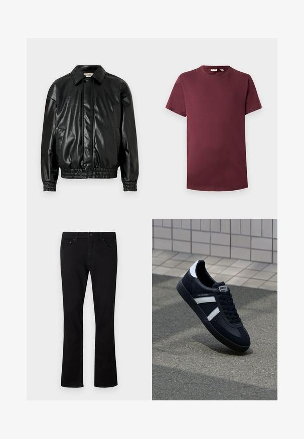 Chaqueta bomber de imitación cuero negra con cuello tipo solapa, dobladillo y puños elásticos, y dos bolsillos frontales. Textura suave y brillante.; Camiseta de cuello redondo burdeos en algodón suave, de manga corta, corte clásico, con un dobladillo recto y sin patrones ni detalles de hardware.; Jeans de mezclilla negra con un diseño de pierna recta, estilo de cinco bolsillos y detalles de costura sutiles. El material es suave con un acabado mate.; Zapatilla de cuero negra con rayas blancas, suela de goma texturizada y parte frontal con cordones. Cuenta con una etiqueta de marca en la lengüeta.
