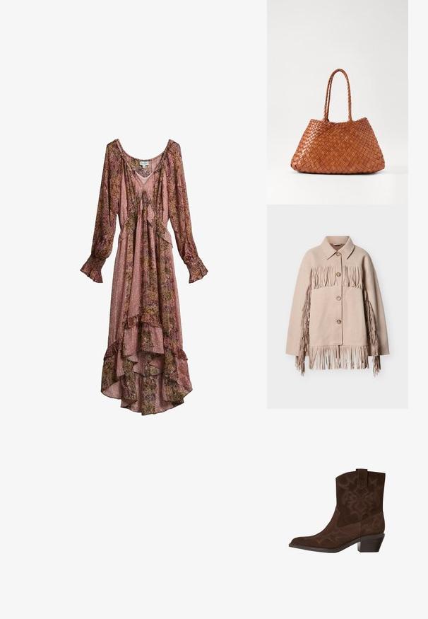 Beige uldjakke med frynser langs ærmer og kant. Har en krave og tre synlige knapper foran.; Langærmet lyserød og brun blomsterkjole med flæsekant, V-udskæring og indsamlede manchetter, lavet af letvægtsstof.; Brune ruskinds cowboystøvle med spids tå, dekorative syninger, ankelhøjde og en stablet hæl. Har en pull tab for nem påtagning.; DRAGON DIFFUSION SANTA CROCE BIG - Håndtasker - tan