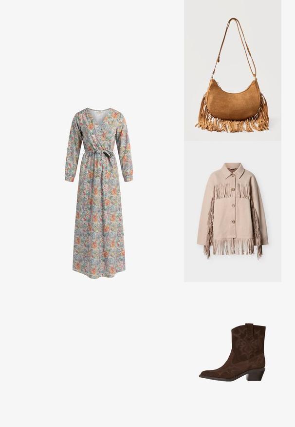 Beige uldjakke med frynser langs ærmer og kant. Har en krave og tre synlige knapper foran.; Maxi kjole med lange ærmer, V-hals, flerfarvet blomster- og paisley mønster og bindebælte i taljen.; Brune ruskinds cowboystøvle med spids tå, dekorative syninger, ankelhøjde og en stablet hæl. Har en pull tab for nem påtagning.; Brun ruskinds skuldertaske i halvmåneform med lang rem og frynser langs de nederste kanter mod en hvid baggrund.