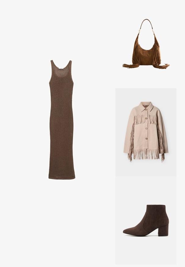 Chaqueta de lana beige con detalles de flecos a lo largo de las mangas y el dobladillo. Cuenta con cuello con solapa y tres botones visibles en la parte delantera.; Vestido sin mangas de punto de ganchillo marrón con una silueta ajustada, que presenta una textura de tejido abierto y un escote redondo.; Botín de ante marrón con punta en pico, tacón alto de bloque y paneles laterales cosidos. Textura suave y silueta limpia.; Bolso de hombro de ante marrón con largos flecos en ambos lados y una sola correa con cierres de tono dorado.