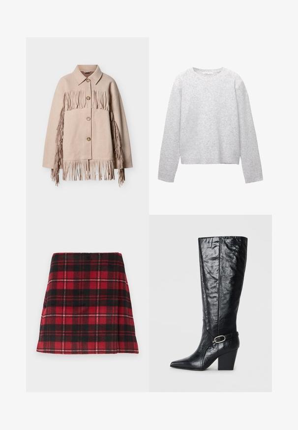 Veste en laine beige avec des détails à franges le long des manches et de l'ourlet. Présente un col à revers et trois boutons visibles à l'avant.; Pull en maille gris clair à manches longues avec poignets, ourlet et encolure ras du cou côtelés, étalé à plat sur un fond blanc.; Mini-jupe écossaise rouge et noire, fabriquée en tissu doux avec une coupe évasée, comportant des coutures horizontales et un ourlet net.; Bottes noires montantes en cuir brillant, avec un bout pointu, une forme structurée, et une sangle décorative avec une boucle en argent.