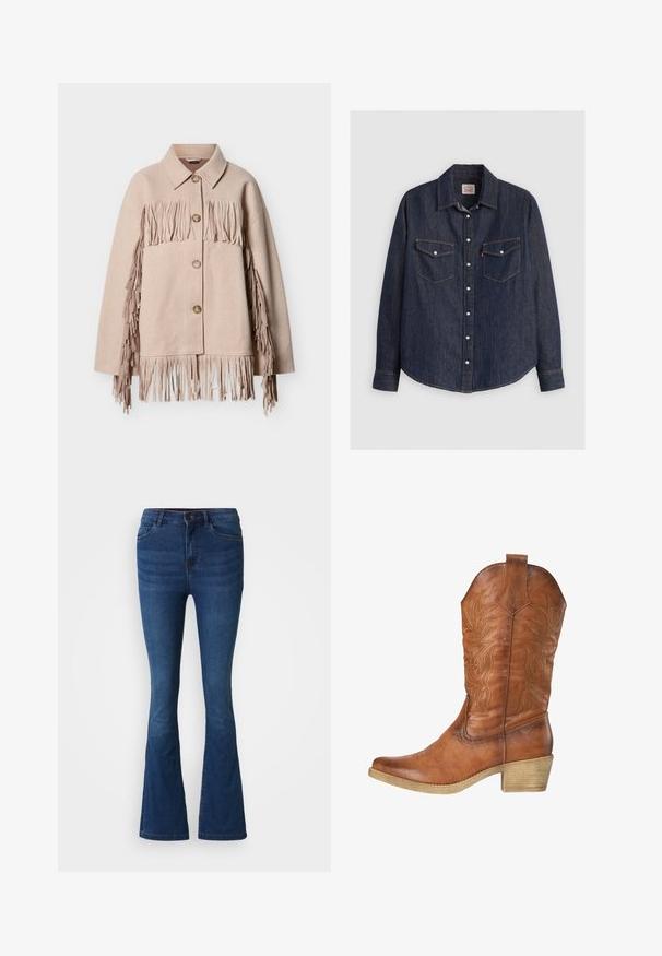 Chaqueta de lana beige con detalles de flecos a lo largo de las mangas y el dobladillo. Cuenta con cuello con solapa y tres botones visibles en la parte delantera.; Camisa de denim azul oscuro con mangas largas, cierre de botones en la parte delantera, dos bolsillos en el pecho con solapas y costuras amarillas en contraste.; Jeans de mezclilla de campana en azul oscuro con bolsillos delanteros y traseros, cierre de botón y cremallera, y detalles desgastados en los muslos y las rodillas.; Bota vaquera de cuero marrón con costura decorativa y tacón apilado de madera, vista lateral sobre un fondo blanco.