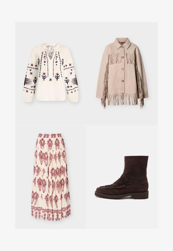 Veste en laine beige avec des détails à franges le long des manches et de l'ourlet. Présente un col à revers et trois boutons visibles à l'avant.; Blouse blanche à manches longues avec broderie florale géométrique colorée, col en V avec petit col montant et poignets élastiques.; Jupe maxi crème avec imprimés bordure paisley bordeaux et floral, avec volants froncés et taille élastique.; Bottine en daim marron foncé avec une semelle épaisse, couture style mocassin, et détail de franges superposées à l'avant.