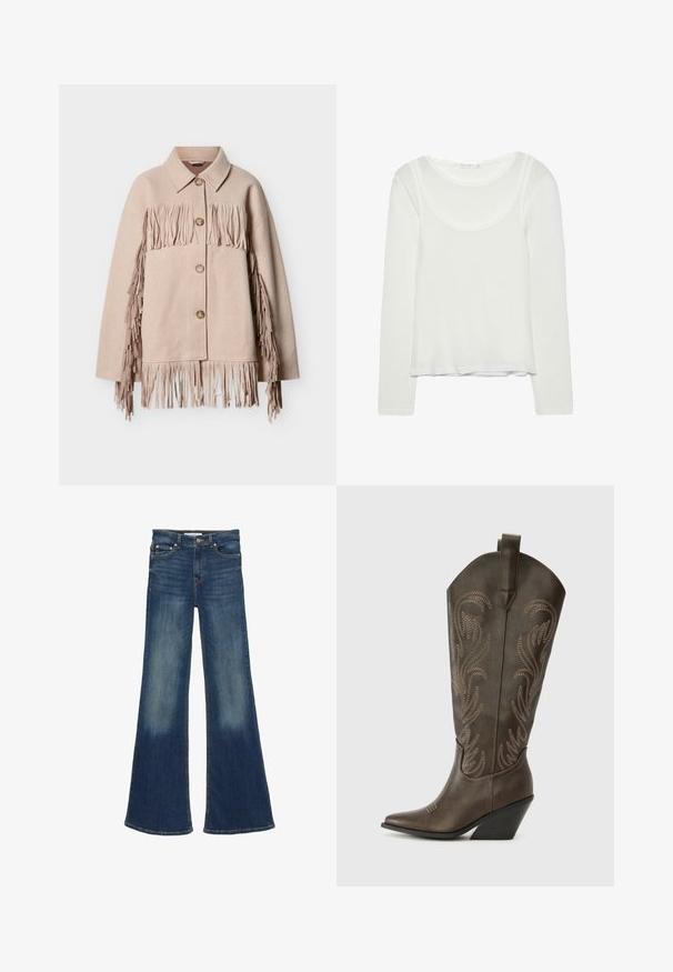 Veste en laine beige avec des détails à franges le long des manches et de l'ourlet. Présente un col à revers et trois boutons visibles à l'avant.; Haut superposé à manches longues blanc pour femmes avec encolure dégagée et silhouette ajustée, présenté à plat sur un fond blanc.; Jean en denim bleu foncé taille haute avec jambes évasées larges et zones décolorées sur les cuisses et le bas des jambes.; Botte de cowboy en cuir marron avec un embout pointu, un talon compensé et des broderies décoratives. Dispose d'un long tige et d'une languette de tirage.