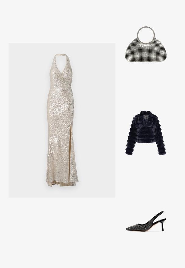 Mørk marineblå faux fur cropped jakke med vandrette puffy lag og lange ærmer mod hvid baggrund.; Halter neck glitrende kjole i beige, med en tætsiddende silhuet, sideslids og rynket detaljering for tekstur og visuelt interesse.; Sorte suede slingback pumpe med spids tå, prydet med metalliske nitter og en blank sort stiletto hæl. Glat indvendig foring.; Sort aftenkobling dækket med et gitter af sølvfarvede rhinsten og et matchende rundt håndtag med rhinsten på en hvid baggrund.