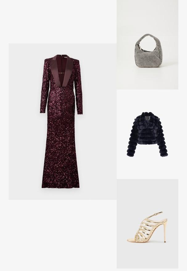 Tumman laivastonsininen tekoturkis crop-top -takki, jossa on vaakasuorat paksut kerrokset ja pitkät hihat valkoista taustaa vasten.; Burgundy sequiinijuhlapuku pitkilla hihoilla, syvä V-pääntie, satiinikaulukset ja tiukka siluetti, jossa on piilotettu takavetoketju.; Kultainen metallinhohtoinen korkeakorkoinen sandaali, jossa on avoin varvas, ristikkäiset hihnat ja remmimallinen takaosa. Sileä pinta kiiltävällä viimeistelyllä.; Mustan käsilaukun pyöreä muoto, jonka pinta on peitetty pienillä hopeanvärisillä strasseilla. Laukussa on lyhyt kahva ja vetoketjusulku ylhäällä.