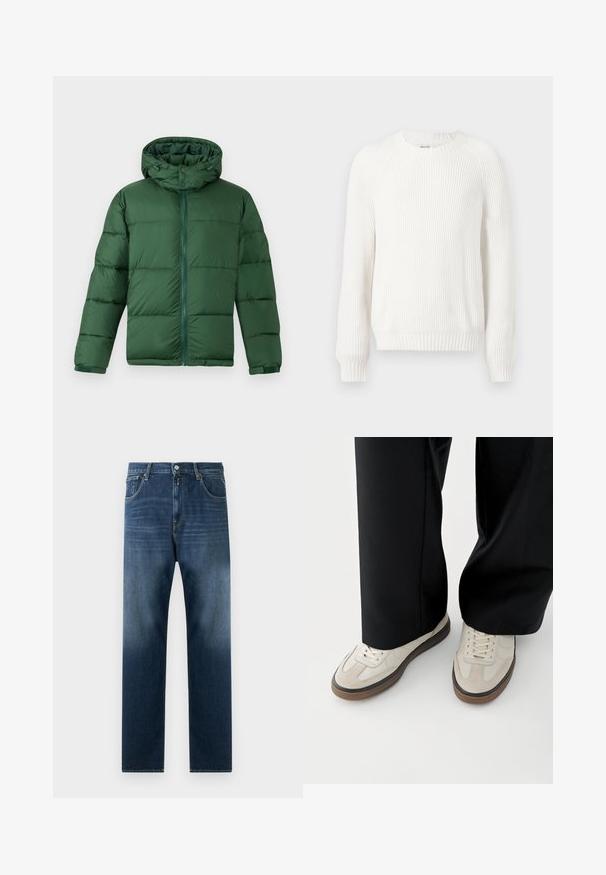 Grøn polstret jakke med hætte, der har en frontlynlås, knaplukninger og en quiltet design til isolering. Glat tekstur.; Hvid ribbet sweater med rund halsudskæring, sænkede skuldre og lange ærmer. Har struktureret stof og en lige kant.; Mørkeblå denim jeans med lige ben-design. Funktioner inkluderer forlommer, en lynlås i fronten og en subtil afblegning mod sømmen.; Fødder iført beige sneakers med brune såler og sorte bukser med vide ben på hvid baggrund.
