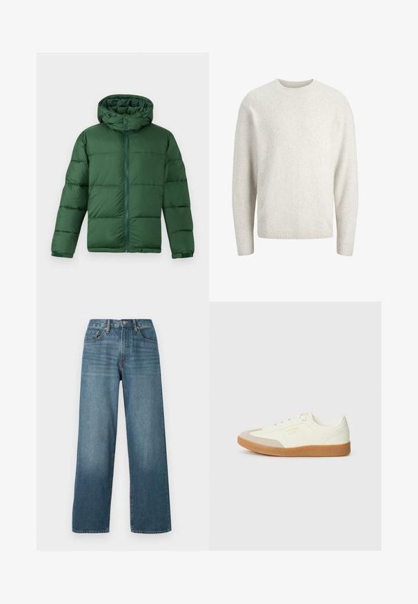 Grüne gepolsterte Jacke mit Kapuze, ausgestattet mit einem Frontzipper, Druckknopfverschlüssen und einem gesteppten Design zur Isolierung. Glatte Textur.; Einfacher cremefarbener Pullover mit langen Ärmeln, rundem Ausschnitt sowie gerippten Bündchen und Saum.; Weite, dunkelblaue Denim-Jeans mit Knopfverschluss, Gürtelschlaufen und einem ausgewaschenen Textur. Mit fünf Taschen und Kontrastnähten.; Sneaker aus weißem Leder mit einer beigen Zehenkappe und leichter brauner Gummisohle. Verfügt über flache weiße Schnürsenkel und geprägtes Branding an der Seite.