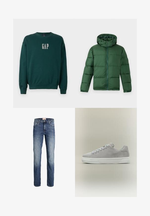 Grøn polstret jakke med hætte, der har en frontlynlås, knaplukninger og en quiltet design til isolering. Glat tekstur.; Grøn langærmet sweatshirt med ribbede manchetter og talje, med hvidt broderet "GAP" logo på brystet. Blødt stof.; Straight-leg blå jeans med let falmning på lår og knæ, frontlukning med knap og lynlås samt femlommesdesign.; Lysegrå ruskindssneaker med hvid gummisål og grå snørebånd, vist i profil på neutral baggrund.