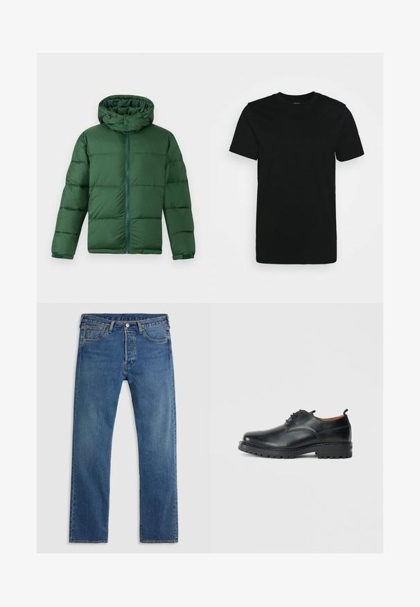Grøn polstret jakke med hætte, der har en frontlynlås, knaplukninger og en quiltet design til isolering. Glat tekstur.; Sort kortærmet T-shirt lavet af glat bomuldsstoff, med rund halsudskæring og et enkelt design uden mønstre eller accenter.; Blå straight-leg denimjeans med fem lommer, bæltestropper og lukning med knap og lynlås foran på en ensfarvet baggrund.; Sorte læder derby-sko med en glat overflade, rund tå, snøre-design og en tyk, robust gummisål.