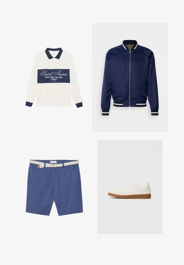 Mere jakk navy-stiilis, mis on valmistatud siledast kangast; omab valgete ja navy-risti soonikute mansette ja kraed, lukuga esist, ning küljejobbide taskuid.; Pikad varrukad polo särk, kreemjas ja tumesinine, puuvillane segu. Omab tumesinist riba valge teksti ja klassikalist kraed tumesinise äärisega.; Sinised puuvillased lühikesed püksid koos kudumisega kreemivärvi vööga. Omadusteks on kaks küljetaskut ja klassikaline istuvus sirge säärega disainiga.; Valge tenniseking nubukist varbaga, sileda sünteetilise pealmise osaga ja pruunist kummist tallaga. Küljel on ventilatsiooniaugud, et tagada õhuringlus.
