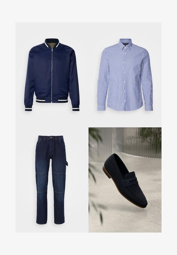 Veste bomber marine en tissu lisse ; dotée de poignets et d'un col rayés blancs et marins, fermeture éclair à l'avant et poches latérales.; Chemise à manches longues à rayures bleues et blanches, confectionnée en coton tissé, avec un col classique et un ourlet arrondi. Boutons en nacre.; Pantalon en denim bleu foncé avec une coupe droite. Comprend des poches latérales, une fermeture à bouton, et des coutures contrastées au niveau des genoux.; Mocassins navy avec un extérieur lisse, une sangle tissée en accent, et une semelle en cuir taupe clair. Texture douce, forme classique et design sobre.