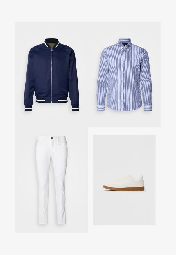 Marine Bomberjacke aus glattem Stoff; mit weißen und marineblauen gestreiften Bündchen und Kragen, Reißverschluss vorne und Seitentaschen.; Blau-weiß gestreifte Langarm-Button-Up-Bluse aus gewebter Baumwolle mit klassischem Kragen und abgerundetem Saum. Mit perlenartigen Knöpfen.; Weiße Jeans im Denim-Stil mit geradem Bein, klassischem Fünf-Taschen-Design, Metallknopfverschluss und subtilen Steppdetails.; Weißer Sneaker mit einer Wildleder-Zehenkappe, glattem Synthetik-Obermaterial und einer sandfarbenen Gummisohle. Verfügt über Perforationen an den Seiten für Atmungsaktivität.