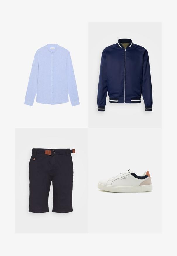 Veste bomber marine en tissu lisse ; dotée de poignets et d'un col rayés blancs et marins, fermeture éclair à l'avant et poches latérales.; Chemise à manches longues bleu clair avec col montant, bouton sur le devant, et tissu texturé. Présente des boutons bleu clair et un ourlet droit.; Shorts bleu marine arrivant au genou avec une ceinture tressée dotée d'accents en cuir brun et d'une petite poche boutonnée sur le côté droit.; Baskets en cuir blanc avec un design bas, accent en tissu bleu marine sur le col et onglet de talon en daim rose pâle. Semelle en caoutchouc.