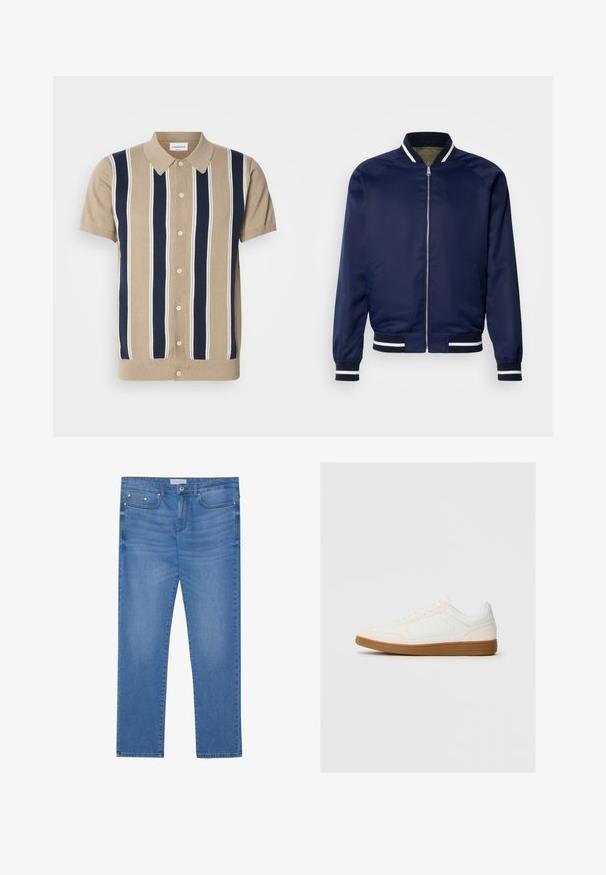 Mere jakk navy-stiilis, mis on valmistatud siledast kangast; omab valgete ja navy-risti soonikute mansette ja kraed, lukuga esist, ning küljejobbide taskuid.; Lühikeste varrukatega tan värvi polo, millel on sinised ja valged vertikaalsed triibud, ees nupud ja klassikaline krae. Pehme kudum. ; Heledad sinised teksad sirge jala lõikega, viie tasku disainiga, kerge tuhmumisega ning metalsete detailide aktsentidega vööl ja taskutel.; Valge tenniseking nubukist varbaga, sileda sünteetilise pealmise osaga ja pruunist kummist tallaga. Küljel on ventilatsiooniaugud, et tagada õhuringlus.