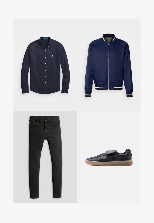 Marine Bomberjacke aus glattem Stoff; mit weißen und marineblauen gestreiften Bündchen und Kragen, Reißverschluss vorne und Seitentaschen.; Marineblaues Langarmhemd mit Knopfleiste und Kragen, mit vorderer Knopfleiste und kleinem weißen Logo auf der linken Brust, aus weichem Baumwollstoff gefertigt.; Schmale schwarze Denim-Jeans mit matter Oberfläche, Fünf-Taschen-Design und klassischem Knopf- und Reißverschluss.; Schwarzer Low-Top-Sneaker mit strukturiertem Muster, Gummisohle, Schnürverschluss und einer markierten Lasche mit der Aufschrift "ICEBERG" an der Seite und der Zunge.